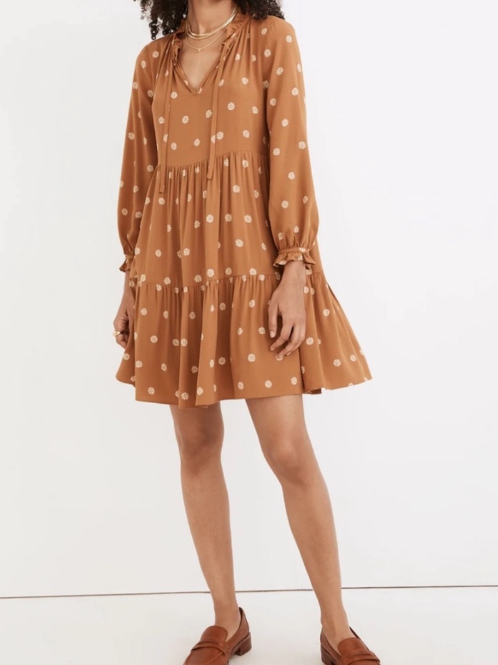 Madewell Polka Dot Tiered Long-Sleeve Mini Dress - Warm Hickory